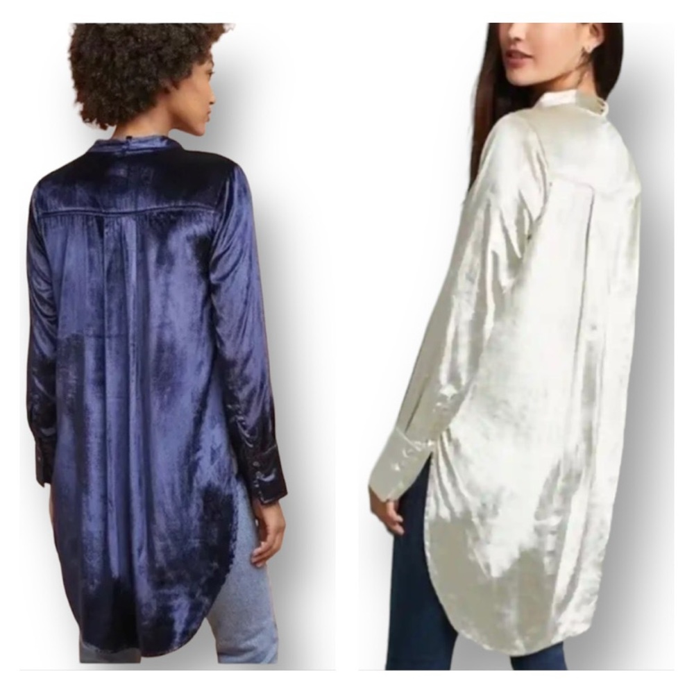 Anthropologie Maeve Crushed Velvet Champagne Tunic Oversized Shirt Blouse Sz 8 - Picture 3 of 12
